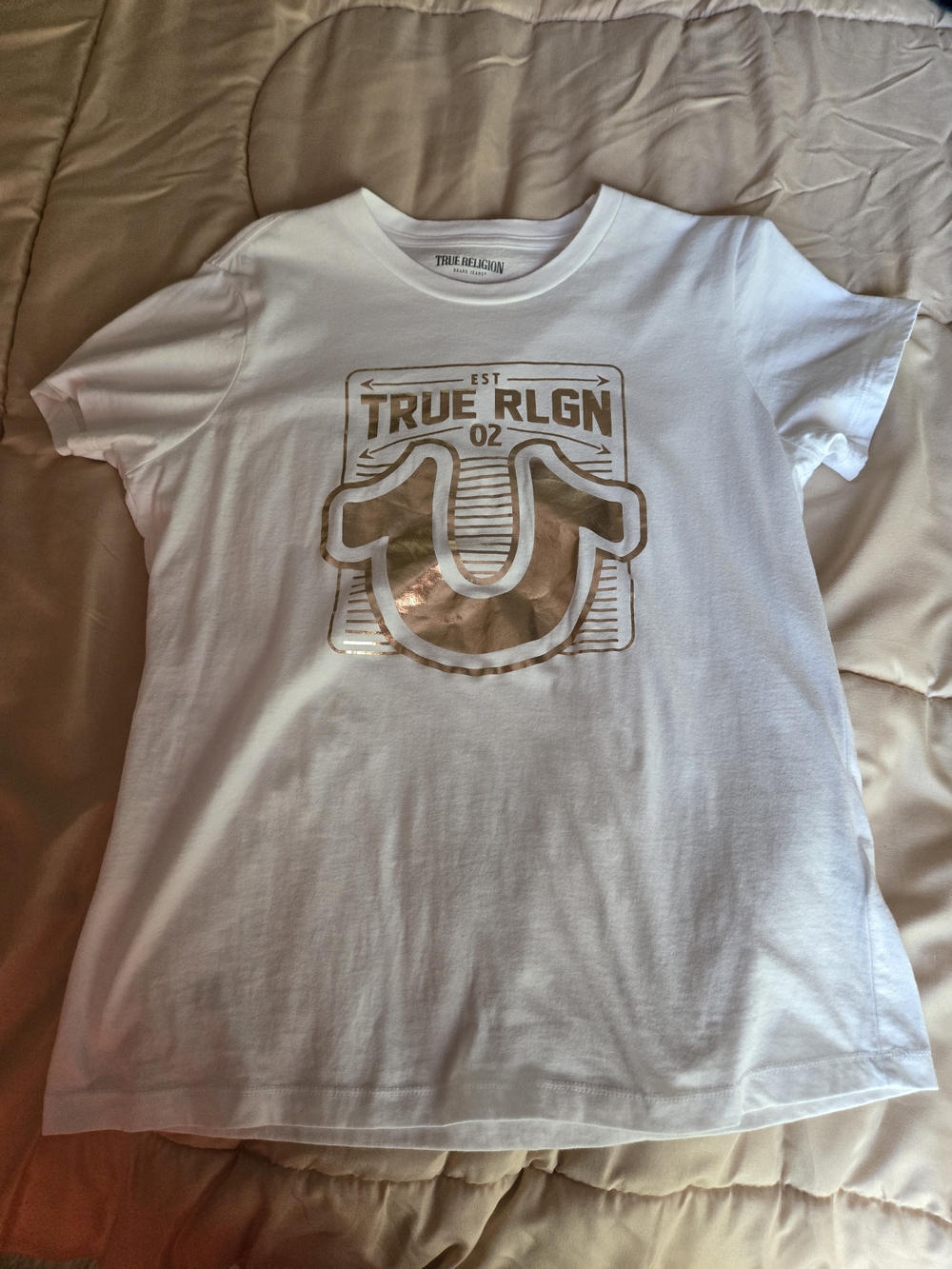 True Religion White Tee with Metallic Bronze Logo (L)